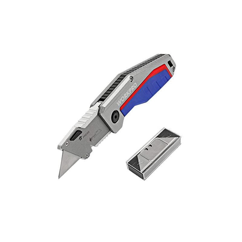 WORKPRO Cutter Utilitaire Couteau Pliant avec Mécanisme de Changement Rapide - Poignée en Alu Antidérapant, 10 Lames Supplémenta