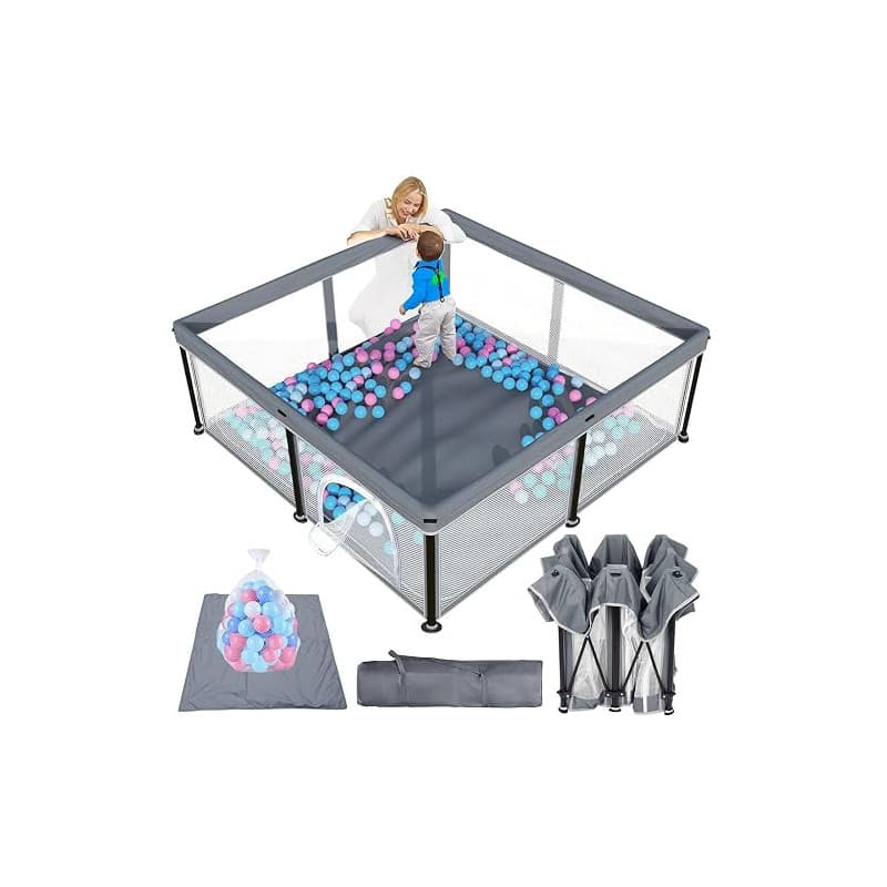 Parc pour bébé pliable avec matelas, intérieur et extérieur (gris, taille | Design pliable innovant, filet respirant avec vision