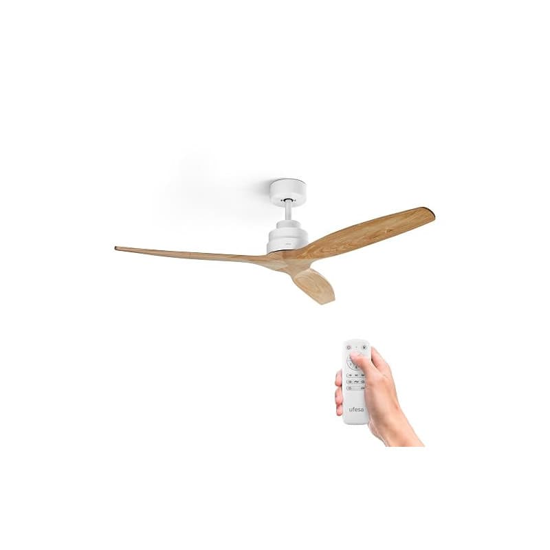 Ufesa Ventilateur de Plafond CFTB, 40W, 6 Vitesses, Ultra Silencieux, 3 Pales en Bois Naturel 132cm, Fonction été - hiver, Minut