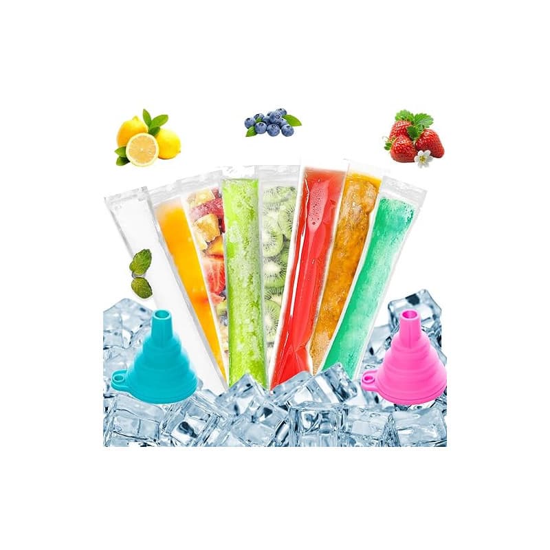 VEGCOO 250Pcs Sacs Popsicle, Moule Sac Popsicle, Sacs de Moules à Glaces, DIY Sac Popsicle avec 2 Entonnoirs pour DIY Glaces,Yao