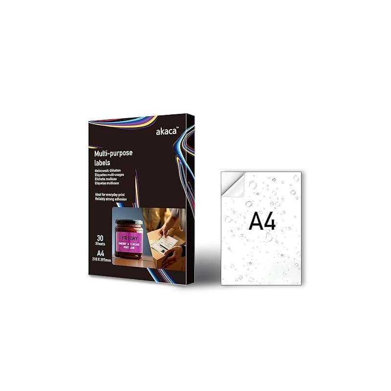 akaca Vinyle Papier Autocollant Imprimante A4, 30 Feuilles, Mat Blanc, Étiquette Imperméable, Résistants aux Déchirures, Adhésif