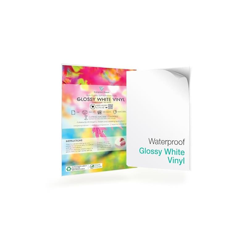 Evergreen Goods Papier Vinyle A4 Blanc Brillant Imperméable À L'eau | Papier Autocollant Stickers, 20 Feuilles, Imprimable Jet D