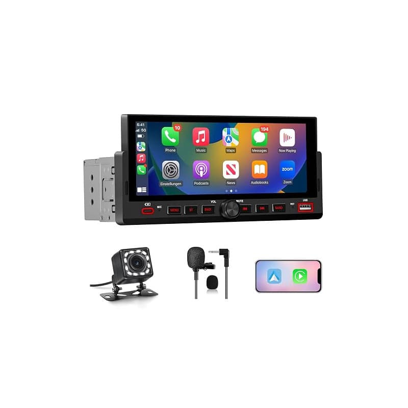 AWESAFE Autoradio Carplay 1 DIN avec CarPlay & Android Auto/6.86" Écran HD/FM, USB/Type-C/Caméra de Recul/Commande Vocale