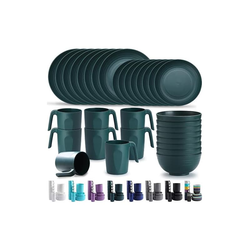 Kyraton Assiettes Service de Table plastique 32 PCS Service pour 8, réutilisable Assiettes légères Tasses Bols Vaisselle facile