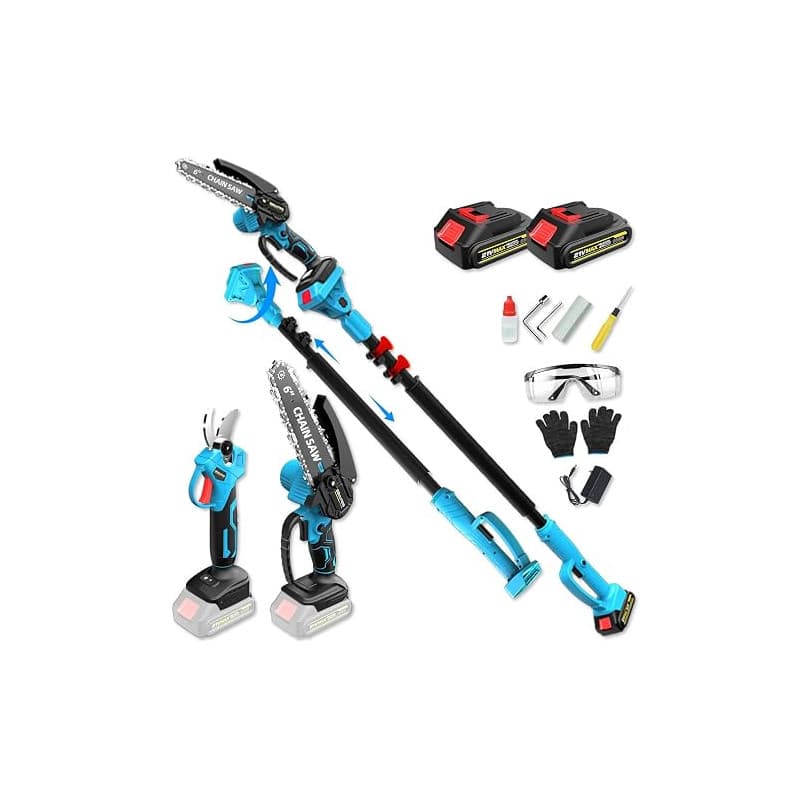 Batterie 4 en 1 - Mini tronçonneuse de 15,2 cm avec télescopique de 2,5 m + sécateur électrique de 35 mm, hauteur de travail jus