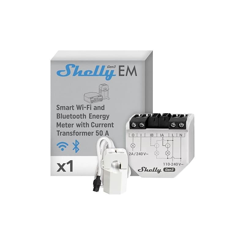 Shelly EM Gen3 + Pince 50A - Compteur d’énergie Wi-Fi connecté avec Pince ampèremétrique, Monophasé à deux canaux, Interrupteur