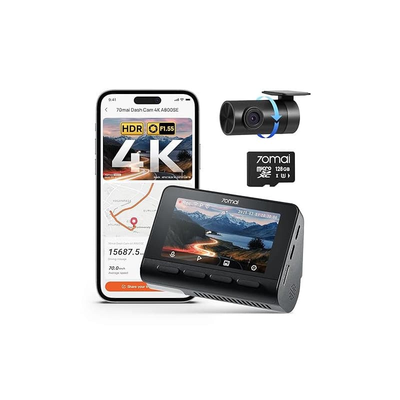 70mai Dash Cam Voiture 4K A800SE - Caméra Double (4K UHD Avant+1080P Arrière) avec GPS, Wi-FI, microSD 128GB Go, Ouverture F1.55