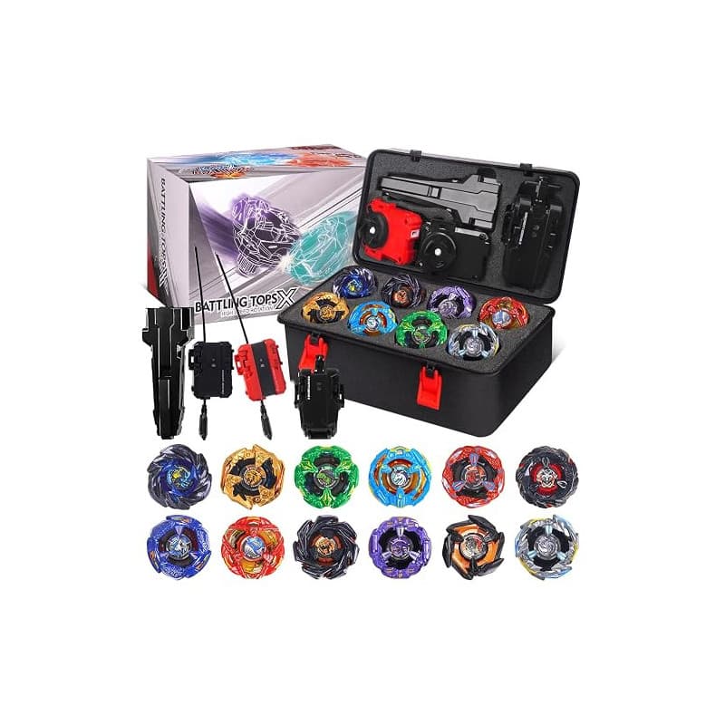 Set X Toupies de Combat, 12 Jouets tournants avec 3 lanceurs & 1 boîte | Rangement portable, Cadeau jeu d'arène gyroscopique pou