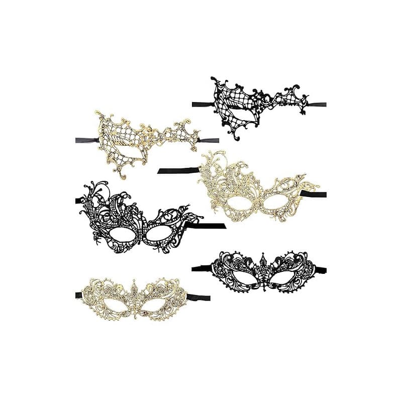 Lusofie Bal Masqué 6 Pièces - Masque De Mascarade Pour Femme Doré Noir - Yeux En Dentelle Pour Mardi Gras, Carnaval, Halloween,