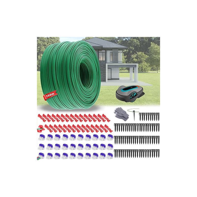 Cable Peripherique Robot Tondeuse 150m,Fil Robot Tondeuse,Universelles Cable Tondeuse+75 Piquets+30Connecteurs de Câble+30Bornes