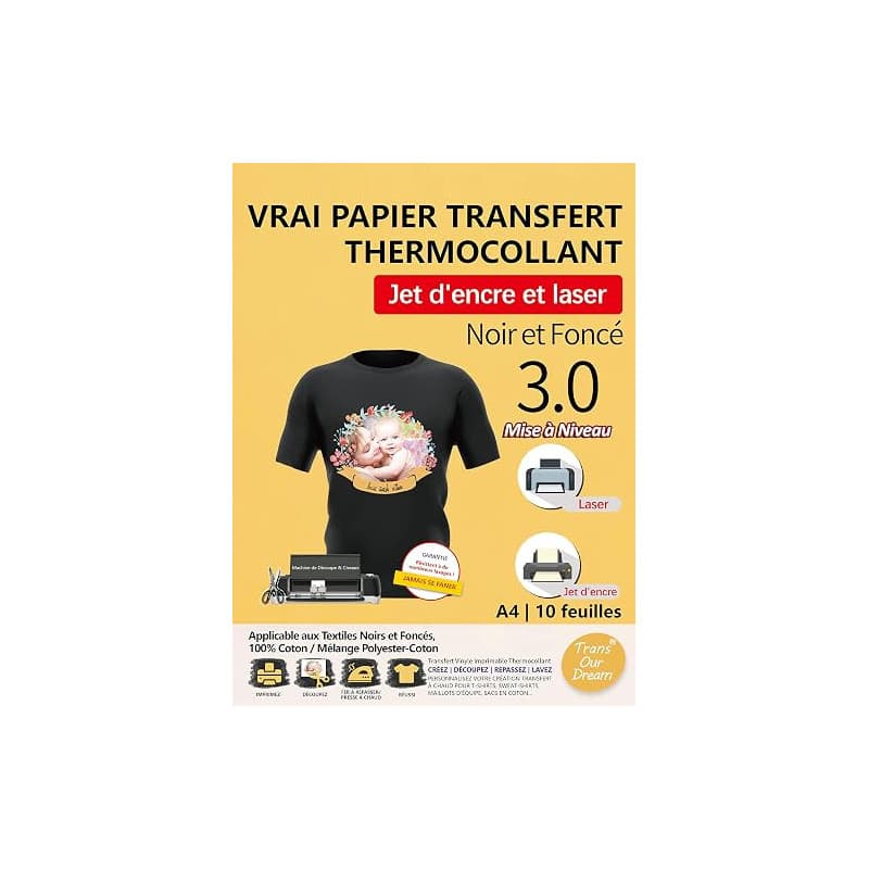 TransOurDream 10 Feuilles*A4 Papier Transfert pour Textile Noir&Foncé 3.0 | Compatible Imprimantes Jet d'Encre & Laser,Non Impre