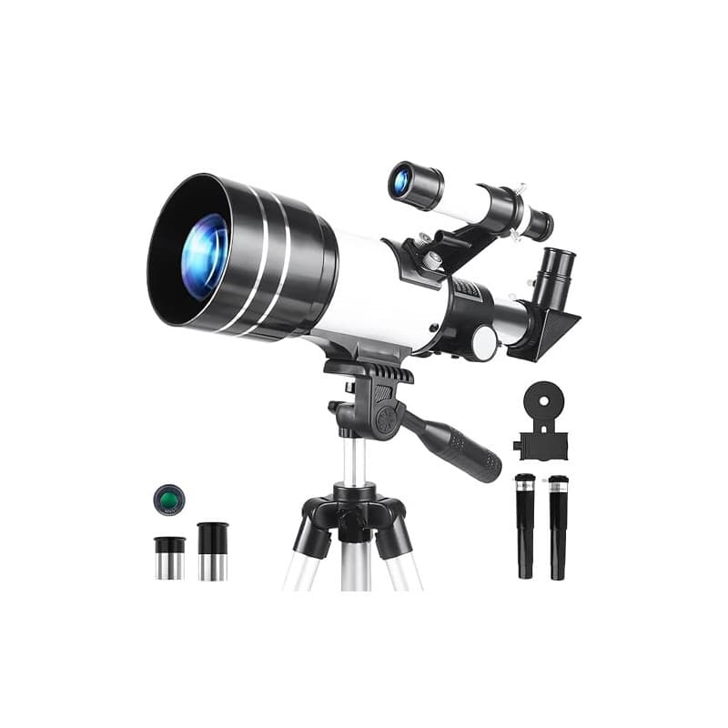 Misilmp Télescope pour Enfants et Adultes, 70MM Ouverture Télescope Réfracteur de 300MM avec Trépied, Viseur 5 x 24, Adaptateur