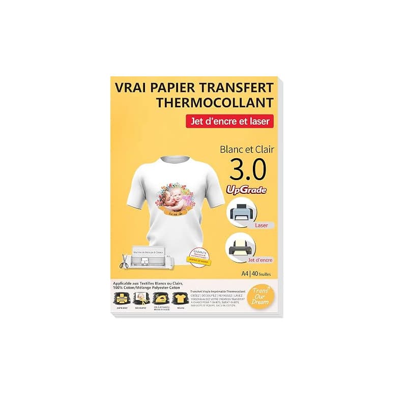 TransOurDream 40 Feuilles*A4 Papier Transfert pour Textile blanc&clair 3.0 | Compatible Imprimantes Jet d'Encre & Laser, Papier