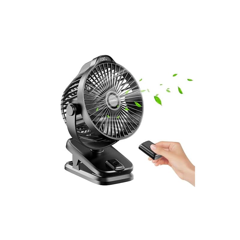 Mini USB Ventilateur Pince Portable, 8000mAh Silencieux, Télécommande, Affichage LED, 5 Vitesses Rotation à 360°, Rechargeable T