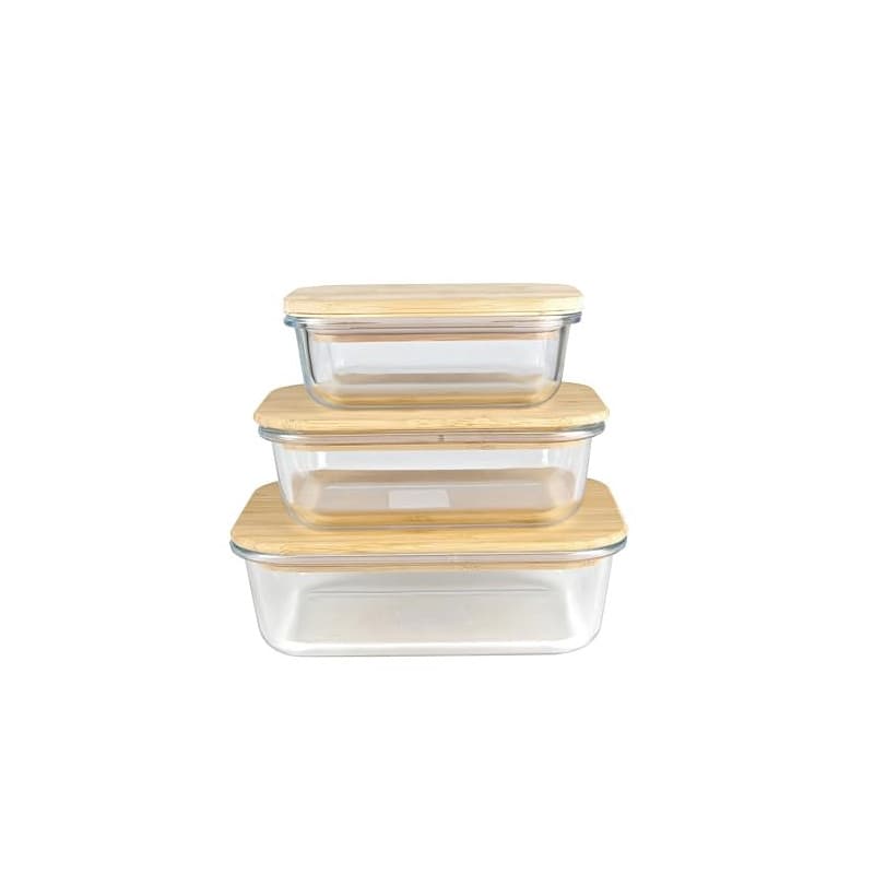 BOITE EN VERRE Lot de 3 boites en verre, couvercles bambou -370 ML, 640 ML & 1050 ML