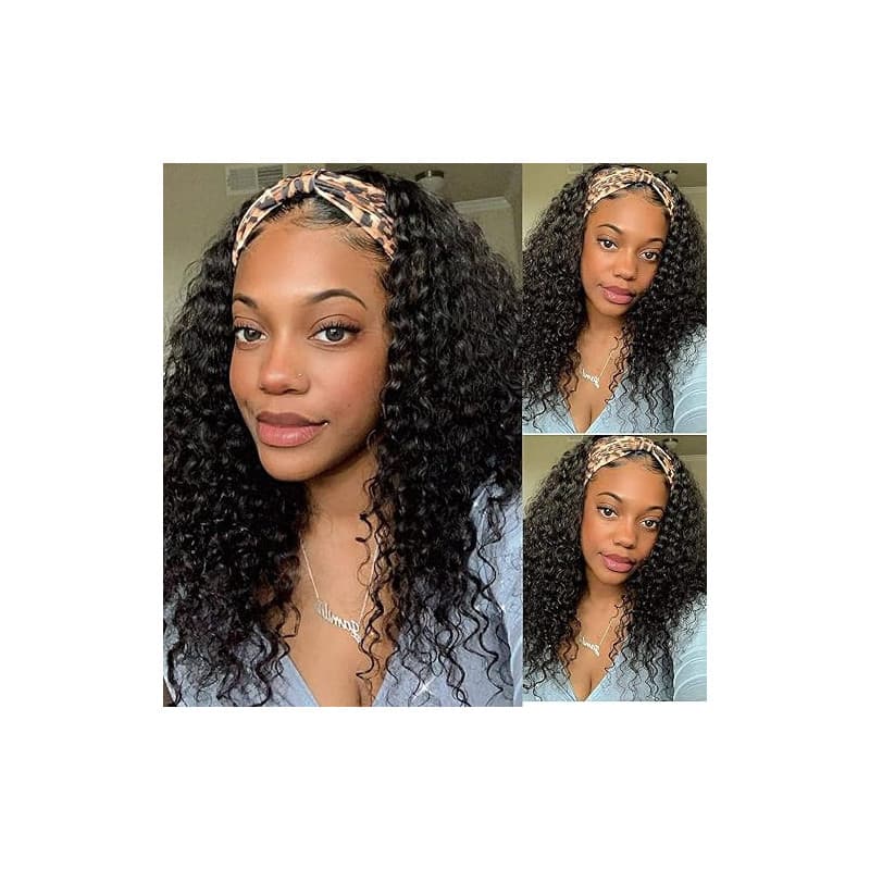 Perruque Bandeau Cheveux Humain - Densité 180% Cheveux Bouclés Brésiliens - Perruque Demi-Tête Half Wig Couleur Noire Naturelle