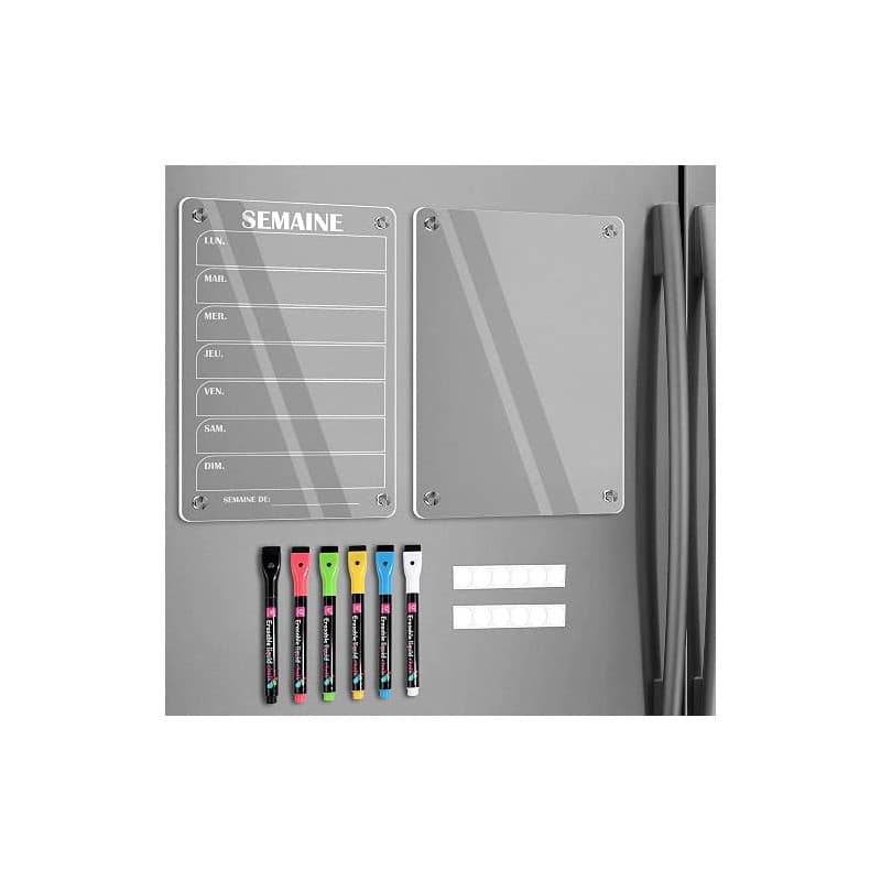 BIROYAL Lot de 2 Calendrier Magnetique Frigo(Avec Marqueurs 6 couleurs) - Acrylique Tableau Magnetique Frigo - Planning Semaine