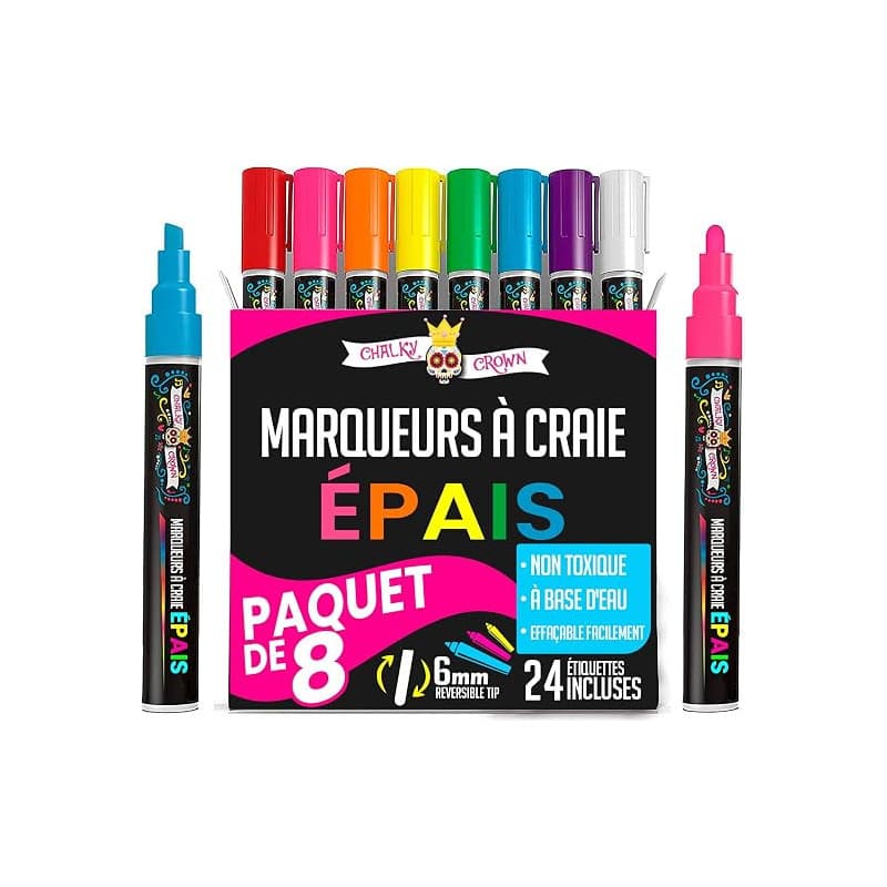 Chalky Crown - Stylo Craie Multicolore (Lot de 8) - Marqueurs à Effaçage à Sec Pour Tableaux Noirs, Enseignes, Fenêtres, Verre -
