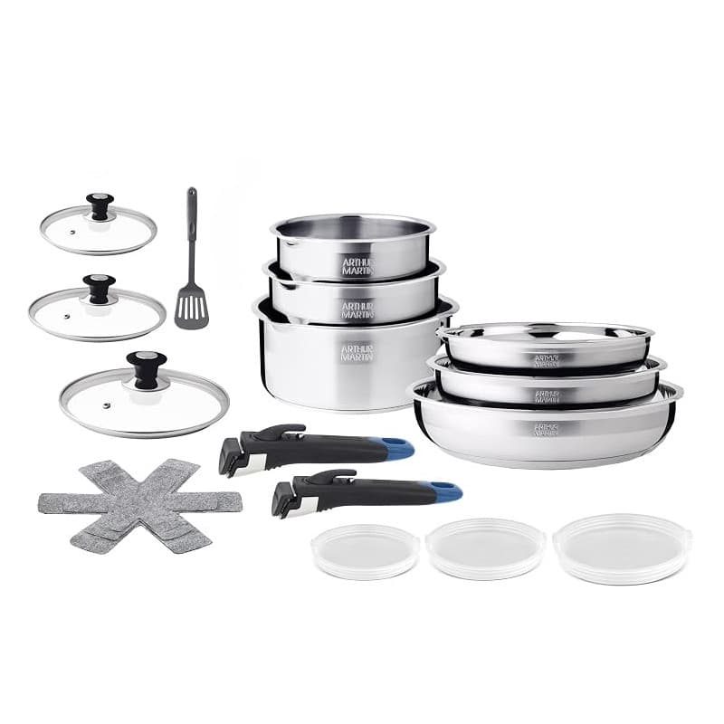 Arthur Martin - Batterie de Cuisine 20 Pièces - Acier Inoxydable 18/10 - Tous Feux Induction - Poêles Ø20/24/26 - Casseroles Ø16