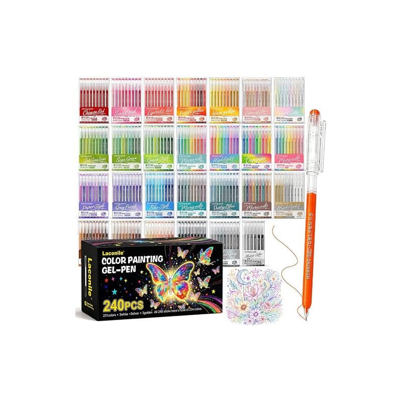 Laconile 240 Stylos Gel pour Coloriage Adulte – Pointe Fine 0,6 mm – Gel Pen pour Scrapbooking, Dessin, Écriture, Griffonnage, J