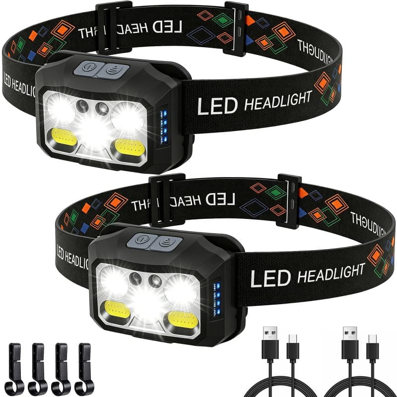 KOHRIUK Lot de 2 Lampe Frontale LED Rechargeable USB 2000 Lumens Torche Frontale Léger Étanche avec Capteur de Mouvement 6 Modes