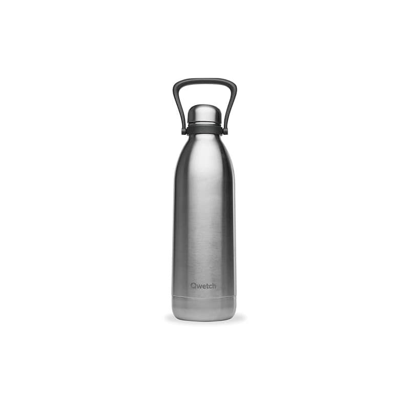 Qwetch - Grande Bouteille Isotherme - Inox Brossé 1,5L - 48h Froid et 16h Chaud - Etanche & Sans BPA - Gourde Inox avec Poignée