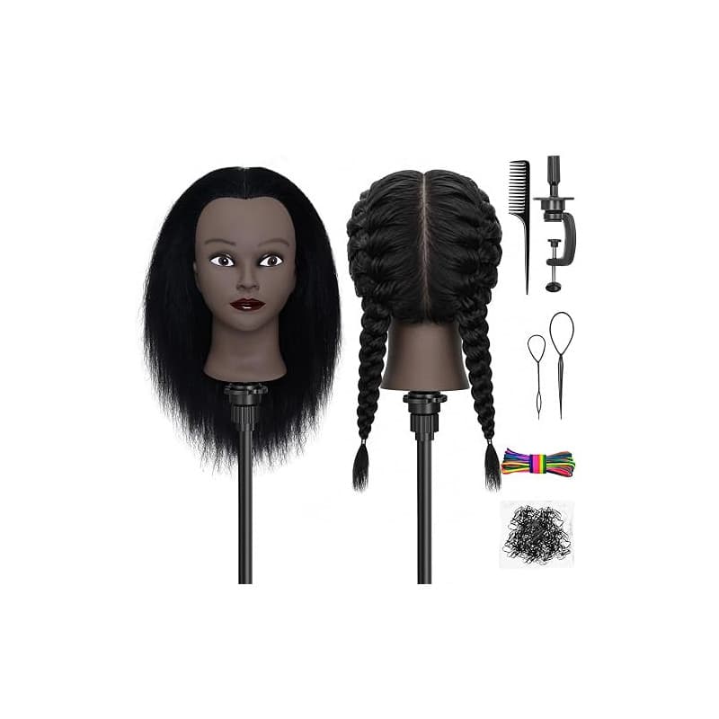 Yekavo Tête de mannequin afro 100 % cheveux humains pour coiffure, tressage, coiffeur, coiffeur, cheveux longs, tête d'entraînem