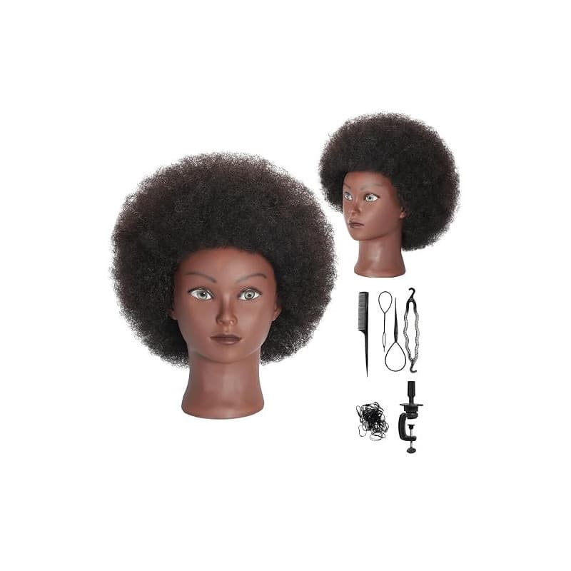 Tête de mannequin afro bouclée avec cheveux 100% humains bouclés - Tête de poupée pour coiffure et cosmétologie - Pour la pratiq
