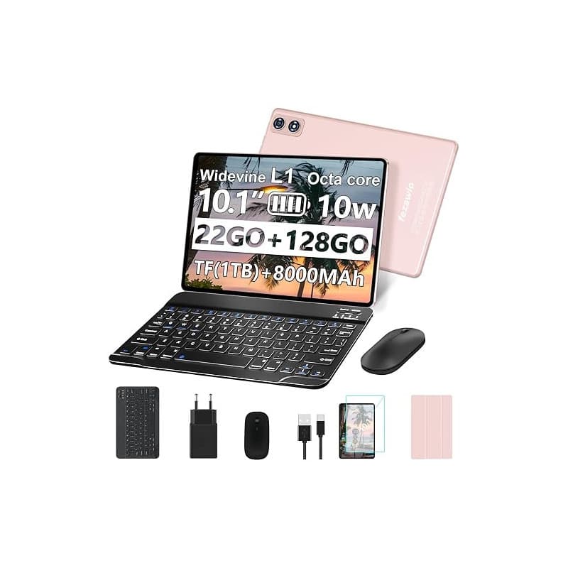 Android Tablette 10 Pouces, 22Go+128Go,Clavier Souris Coque Inclus,Or Rose | tablette tactile,Écran HD avec Certification Widevi
