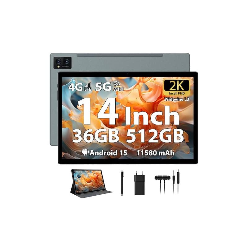 LEVIRTU Android 15 Tablette 14 Pouces 2K FHD, 36GB+512GB/TF 2TB, Octa-Core, 11580mAh, 4-Speaker, 13MP Caméra, Grande Tablette av