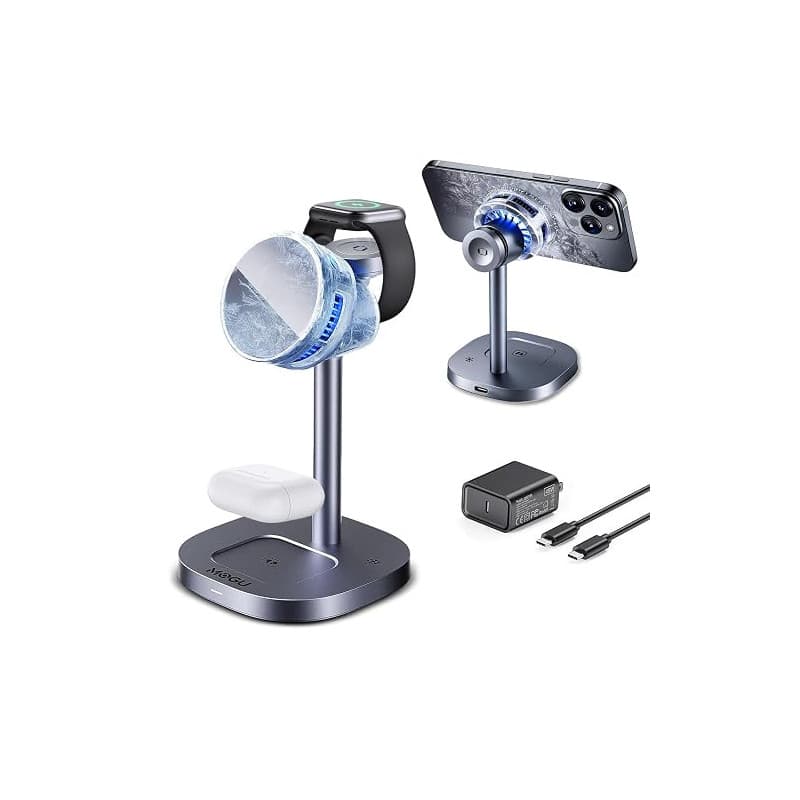 MOGU Station de charge magnétique sans fil 3 en 1 avec refroidissement actif, support de charge rapide 15 W, compatible avec sma