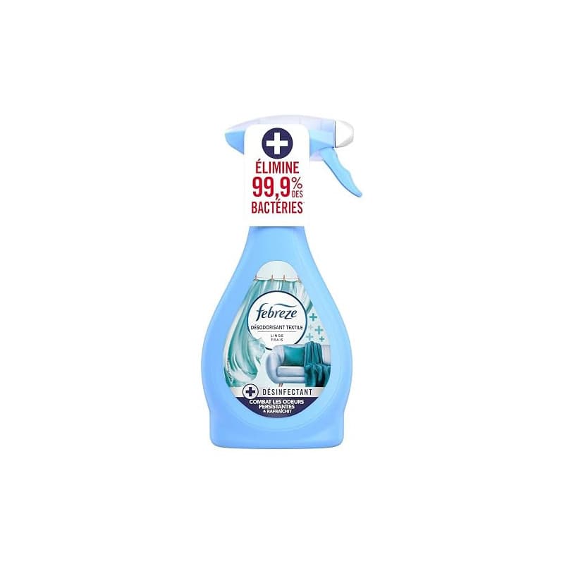 Febreze Spray Désodorisant Textile Désinfectant 385 ML Linge Frais, Élimine 99,9% Des Bactéries, Combat Les Odeurs Difficiles Et