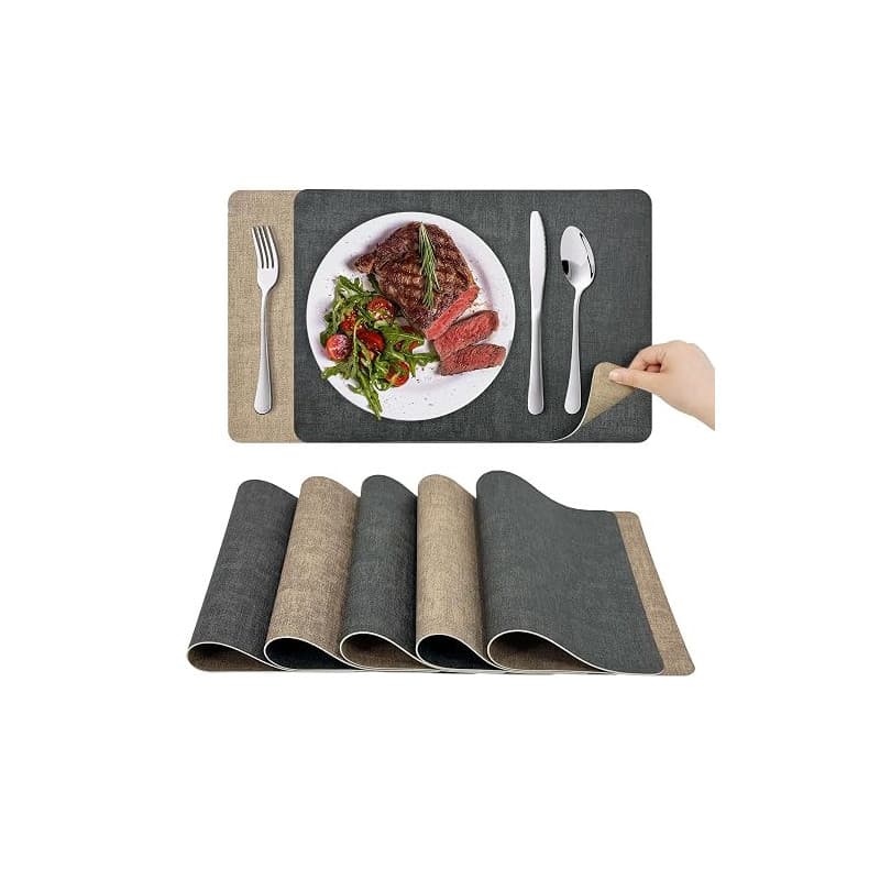 KitchenBoss Set de Table Lavable Plastique: Dessous de Table Double Face, Lot de 6 Sets de Table et Dessous de Verre (Gris Ahric
