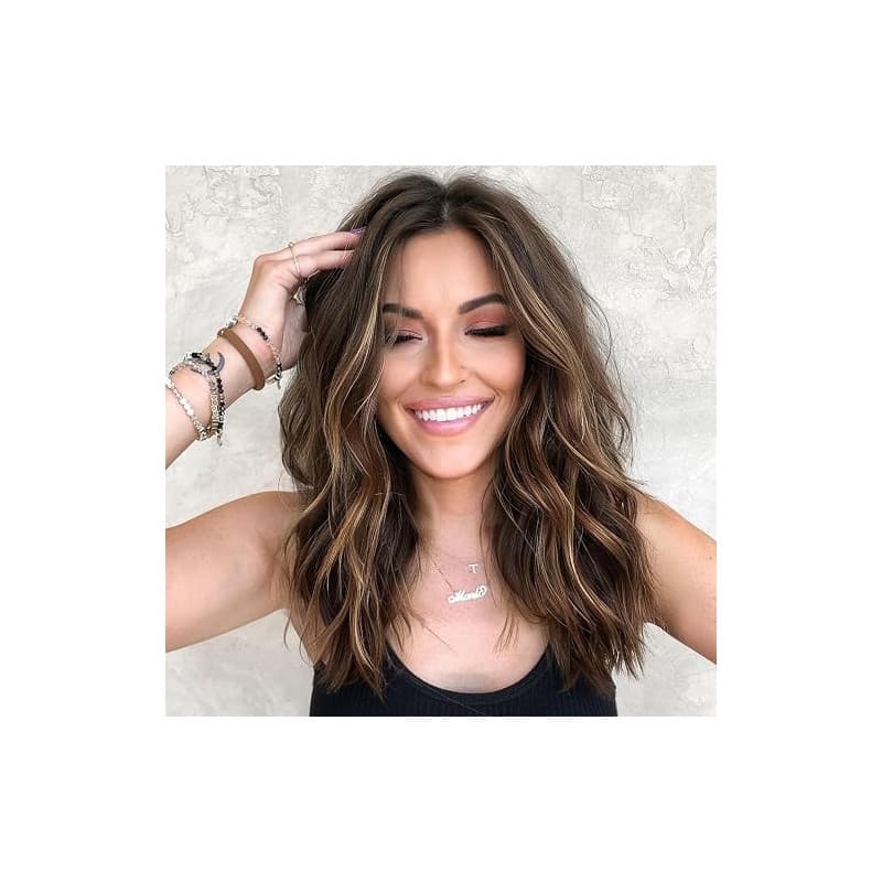 PORSMEER Perruques femme Noir ondulé naturels synthétiques bouclé avec Brune highlights couleur Perruque Pour femme Afro