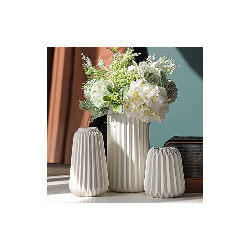 Vase Décoratif - Set de 3 Vases en Céramique Blanche,pour Décoration D'intérieur Moderne avec Herbe de Pampas,Style Bohème Minim