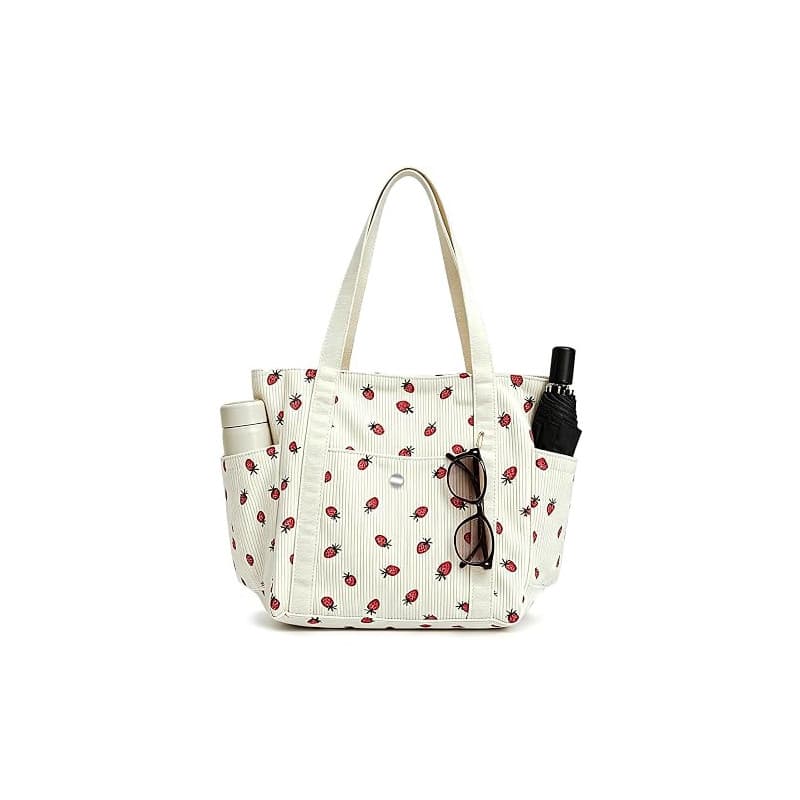 GGPEIH Sac pour Femme Grand Sac en Velours Côtelé Sac Cabas à Motif Fraises Sac à Main avec Fermeture Éclair Sac Fourre-tout Sac