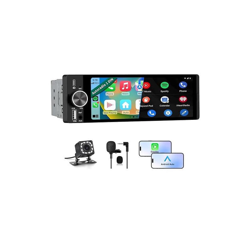 AWESAFE Autoradio Carplay 1 DIN avec Écran Tactile HD 6,36" | CarPlay & Android Auto sans Fil | Bluetooth 5.0 | FM | USB Type-C