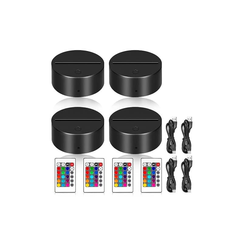 PORFOYO Socle de lampe de nuit LED 3D, 4 pièces 3D Veilleuse Socle avec télécommande Câble USB, Base LED, Socle de lampe LED 3D,