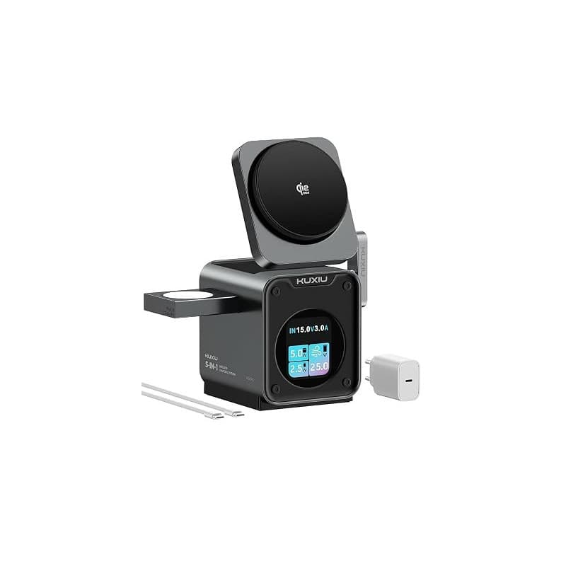 KU XIU 3‑en‑1 Station de Charge 25W, TFT Écran Intelligent et Ventilateur | Certification Qi2.2 25W, MagSafe-Compatible Chargeur