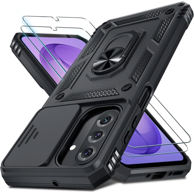 Coque pour Samsung Galaxy A57 5G avec 2 Verre Trempé, avec Couvercle Coulissant de Caméra, Protection de la Caméra, Support 360°