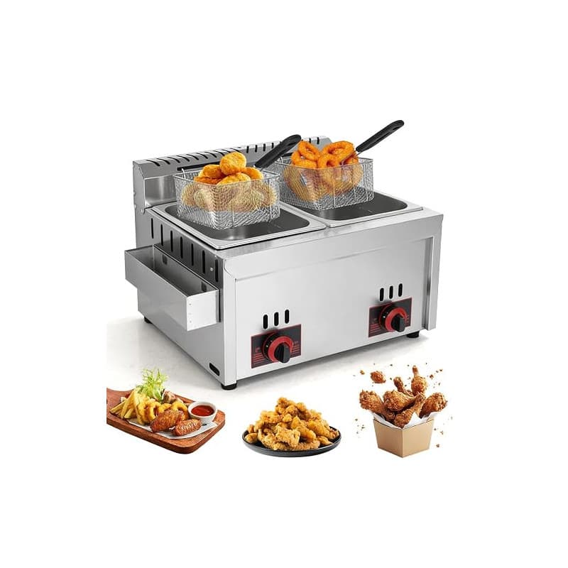Friteuse à gaz commerciale, 6 l + 6 l, double friteuse à gaz commerciale | avec 2 petits et 2 couvercles, chauffage rapide, temp
