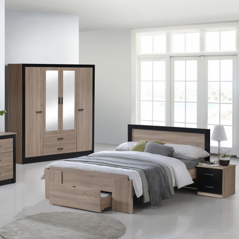 le lit 140 x 190 cm + sommier a lattes + armoire 4 portes + chevet