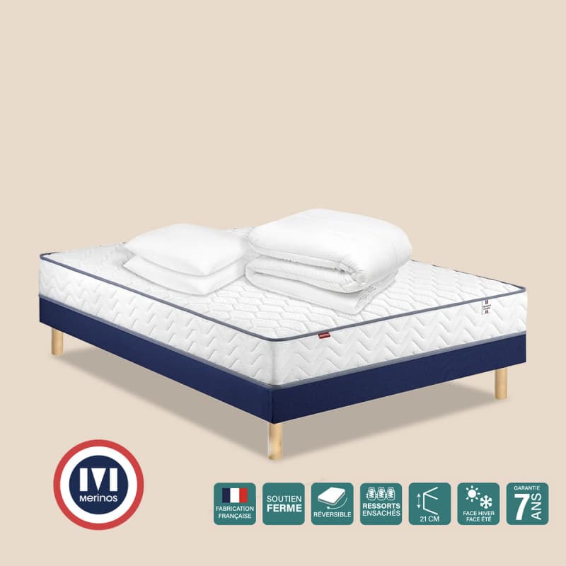 LE PACK MATELAS 160 X 200 CM + SOMMIER + PIEDS + 1 COUETTE MI SAISON + 2 OREILLERS 60 X 60 CM MERINOS