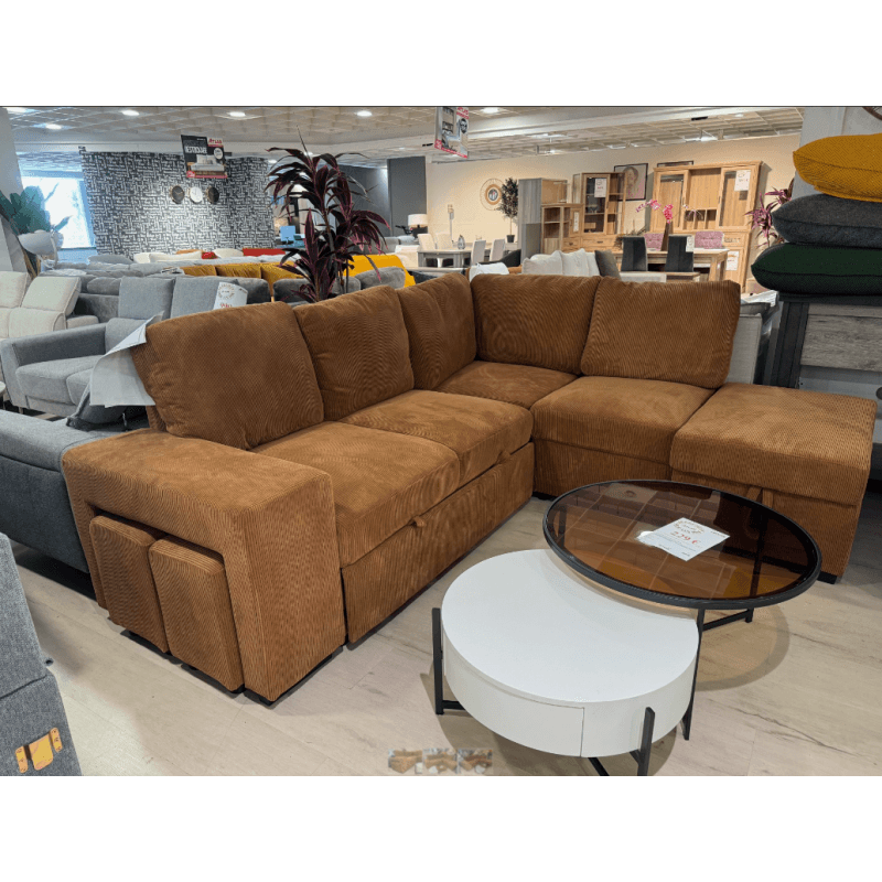 le salon d'angle reversible convertible lit + coffre de rangement + 2 poufs - plusieurs coloris -
