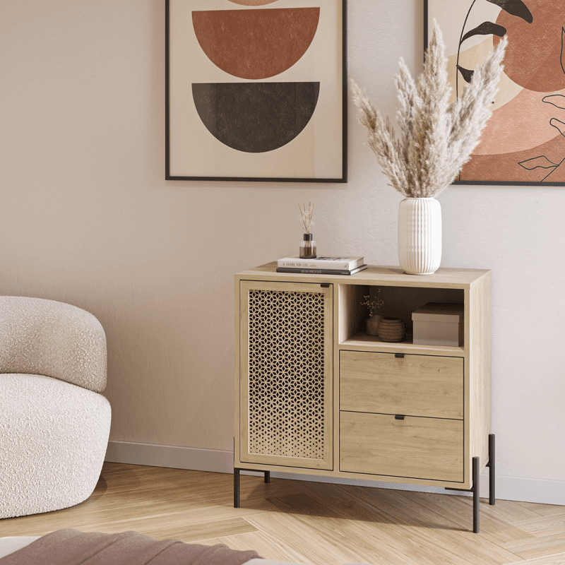 Le meuble 1 porte + 2 tiroirs inca coloris oak pieds métal.