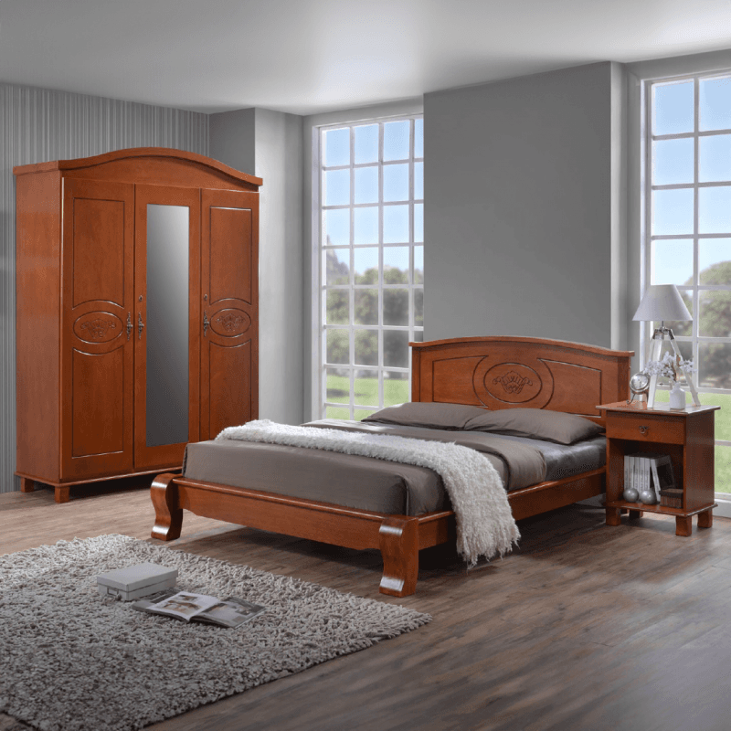 Le lit 140 x 190 cm + sommier a lattes + armoire 3 portes + 1 chevet.