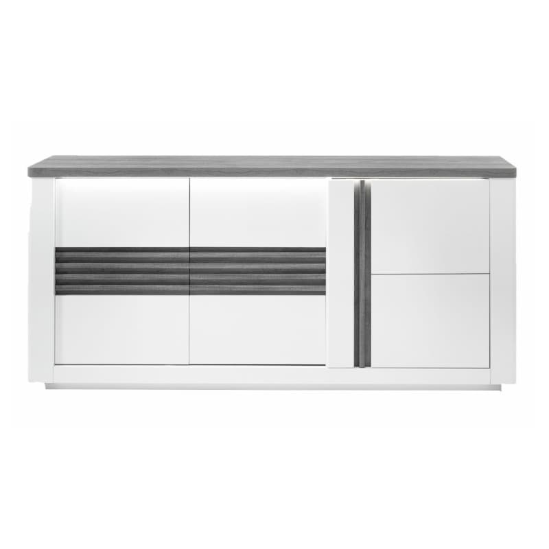 Le buffet bas 3 portes éclairage LED finition chêne gris et blanc laqué.