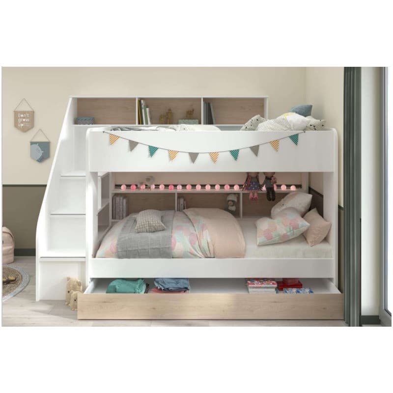 Lit surélevé avec un tiroir de lit en option coloris blanc et beige