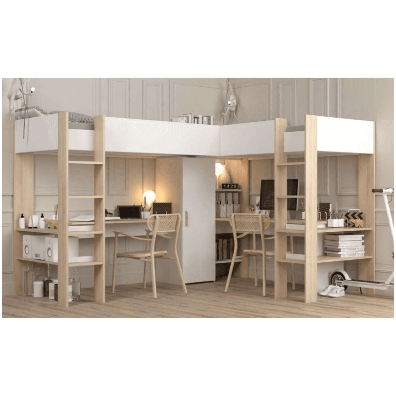 Le double lit mezzanine + 2 bureaux + rangements + 1 placard.