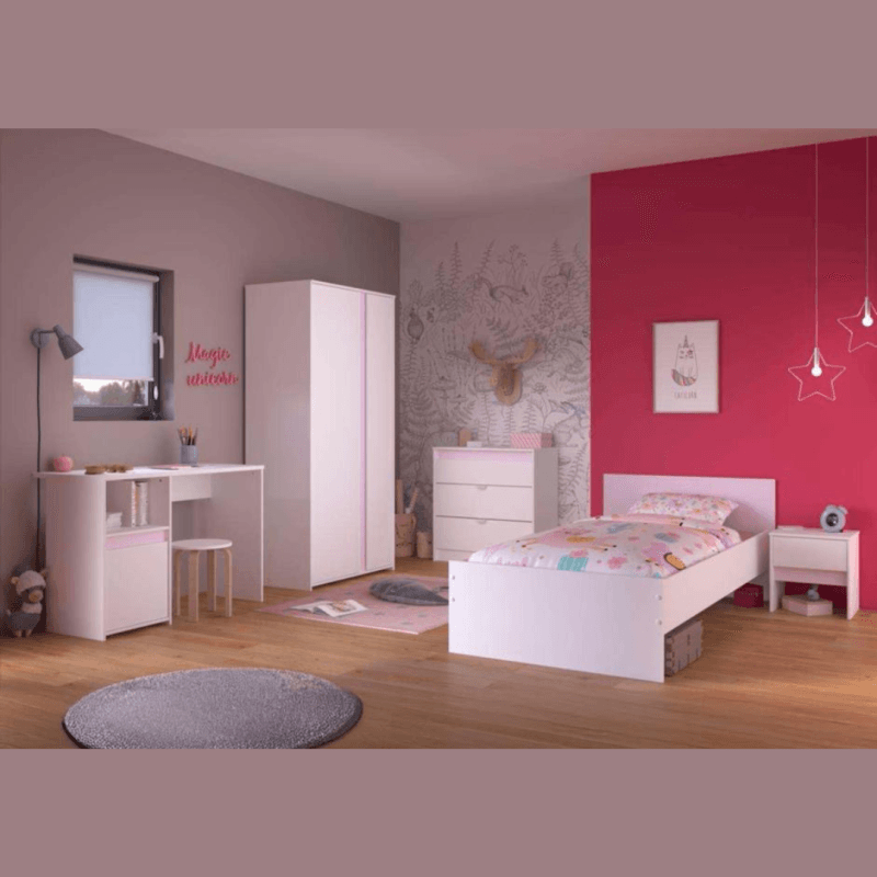 Armoire 2 portes coloris blanc réhaussé par ses panneaux réversibles gris ou rose